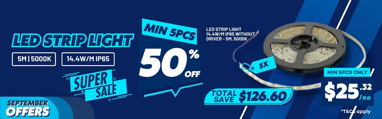 A dark blue backdrop picture showing a super sale 50% off on LED strip lights