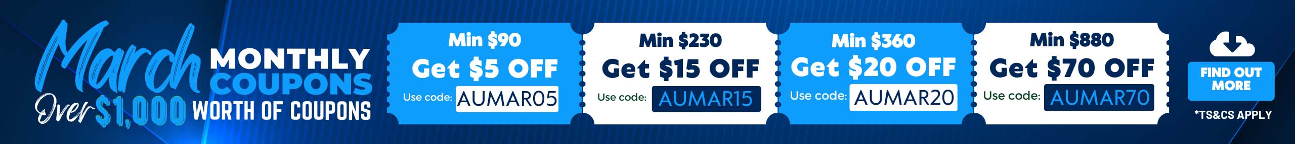 A banner of different February monthly coupons, get $15 off for min $200 use code AUMar15, get $35 off for minimum 420 use code AUFEB35, get $50 for min $560 use code AUFEB50, and get $70 off for min $700 use code AUFEB70