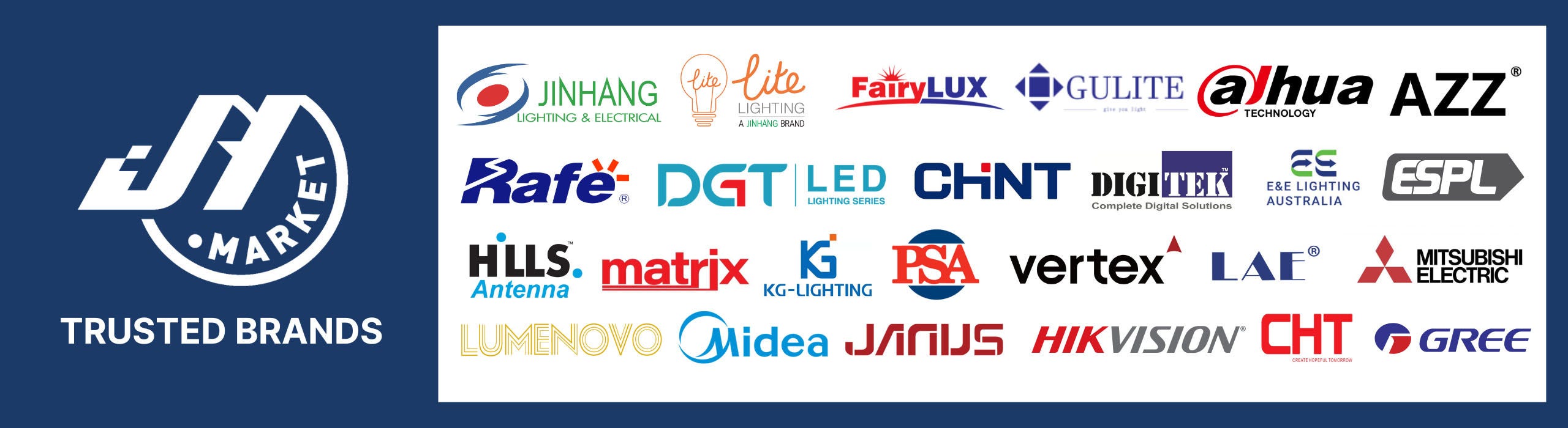 a banner showing the many trusted brands in JH Market, like Jinhang, Lite Lighting, Rafe, DGT, Hills, Matrix, Midea, FairyLUX, Gulite, and Mitsubishi Electric
